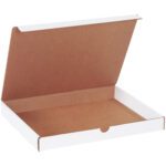 The open, empty pizza box with a white exterior and brown interior resembles the MH-USA 12 1/8 x 9 1/4 x 1 1/4 White Literature Mailers (50/Bundle), with its partially lifted lid revealing ample space inside.