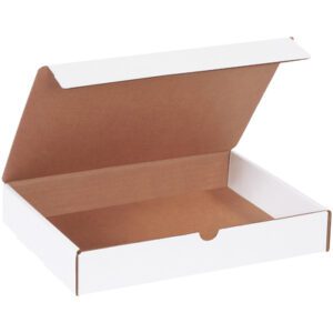 The MH-USA 12 x 9 x 2 white literature mailer features a brown interior and is shown partially opened from a three-quarter angle, ideal for packaging or shipping. Available in bundles of 50.