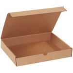 The Kraft Literature Mailer, sized at 12 x 9 x 2, is an empty cardboard box with a hinged lid partially raised, featuring a small semicircular cutout for easy opening. This simple rectangular box has a plain brown interior and is part of a sturdy corrugated set of 50 per bundle.