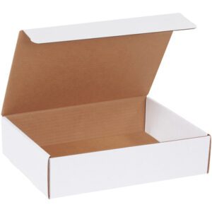 An open MH-USA 12 x 9 x 3 White Literature Mailer with a brown interior sits against a plain background, its lid partially open to reveal its spacious interior. Sold in bundles of 50, it offers versatile packaging.