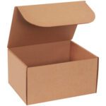 A 12 1/8 x 9 1/4 x 6 1/2 Kraft Literature Mailer, with its hinged lid open to reveal an empty interior, is set against a white background. Available in bundles of 50, it highlights a simple and utilitarian design for all mailing needs.