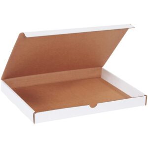 A partially open, empty white pizza box with a simple brown interior, similar to MH-USA 13 x 10 x 1 1/4 White Literature Mailers (50/Bundle), rests against a plain white background.