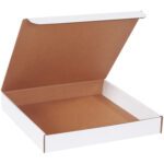 The MH-USA 13 x 13 x 2 White Literature Mailers feature a glossy white exterior, a hinged lid ideal for flat items, and a plain brown interior. These mailers come in bundles of 50.