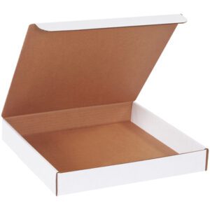 The MH-USA 13 x 13 x 2 White Literature Mailers feature a glossy white exterior, a hinged lid ideal for flat items, and a plain brown interior. These mailers come in bundles of 50.