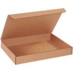 A brown, matte-finished rectangular box, reminiscent of the 14 x 10 x 2 Kraft Literature Mailers (50/Bundle), with a partially folded lid revealing its empty interior, ideal for shipping or packaging flat items.