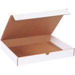 The MH-USA White Literature Mailer, measuring 14 1/4 x 11 1/4 x 2, features a brown interior and a partially open lid, as seen from the front at an angle. Perfect for shipping and storing documents, it provides ample space. Bundle contains 50 boxes.