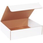 An open MH-USA 14 x 12 x 4 White Literature Mailer reveals a brown interior and spacious design against a white background, ideal for storing materials. Sold in bundles of 50.