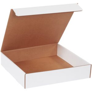 The open white cardboard pizza box resembles an MH-USA 14 x 14 x 3 White Literature Mailer, showcasing a brown interior and a partially open lid. Positioned against a plain white background, it reveals its empty interior.