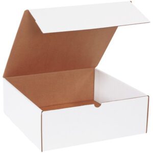 An open MH-USA 14 x 14 x 5 White Literature Mailer, brown inside, partially open lid, ideal for securely sending literature.