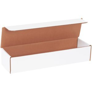 An open MH-USA 14 x 3 3/4 x 2 3/4 White Literature Mailer, revealing its brown interior, is set against a white background, highlighting its simplicity.