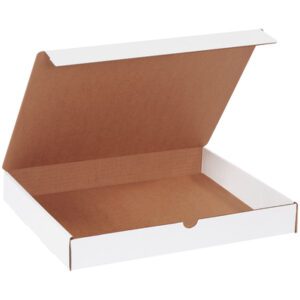 An open, empty pizza box resembling the MH-USA 15 x 12 x 2 White Literature Mailers (50/Bundle) is set against a white background. The brown cardboard interior is visible with the lid partially open and a front notch for easy access.