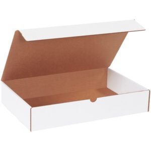 An open MH-USA 16 x 10 x 3 white literature mailer with a partially folded lid displays its brown interior. This empty rectangular box stands isolated on a plain background, ideal for shipping documents. It comes in bundles of 50.