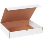 The MH-USA 16 x 12 x 3 White Literature Mailers (50/bundle) feature an open cardboard design with a brown interior and hinged lid, offering ample space for organizing materials.
