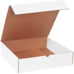 An empty MH-USA 16 x 16 x 4 White Literature Mailer from a 25/bundle set reveals its brown interior, with the lid open and positioned at an angle to highlight its depth against a plain background.