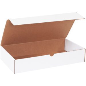 A white MH-USA 16 x 8 x 3 Literature Mailer (50/Bundle) with a brown interior is shown on a white background, lid partially open, showcasing its plain rectangular design without labels or markings.