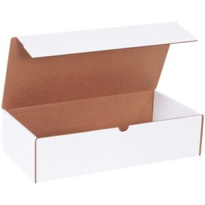 A partially opened, white cardboard box with a brown interior reveals the spacious MH-USA 16 x 8 x 4 White Literature Mailers. Simple and rectangular, this box is ideal for packaging or storage and is sold in bundles of 50.