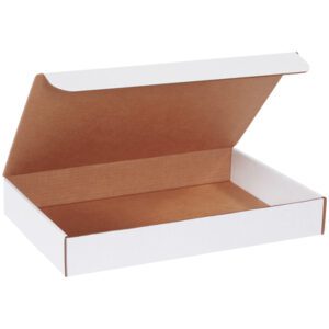The MH-USA 17 x 11 x 2 1/2 White Literature Mailers (25/Bundle) are displayed against a white background, showcasing an open box with a brown interior and a partially open lid, emphasizing its spaciousness for efficient packaging or shipping.