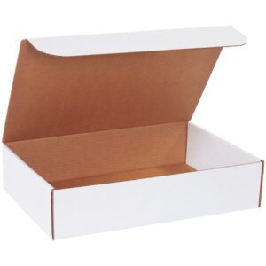 The MH-USA 17 1/4 x 11 1/4 x 4 white literature mailer, with a brown interior and partially lifted lid, sits on a plain surface. This unmarked box is sold in practical bundles of 25.
