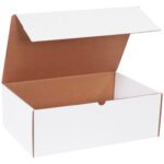 The MH-USA 17 1/4 x 11 1/4 x 6 White Literature Mailer, with a brown interior and an easy-open notch lid, is ideal for packaging or storage. Sold in bundles of 25.