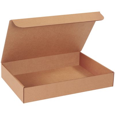 ML18123K.jpg An open, plain 18 x 12 x 3 Kraft Literature Mailer with an attached lid on a white background. The empty box looks sturdy and is ideal for packing or shipping, available in bundles of 25.