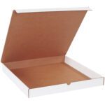 An open, empty pizza box with a white exterior and brown interior, viewed from a slight angle, resembles the spacious and sturdy MH-USA White Literature Mailers (18 x 18 x 2, 25/Bundle).