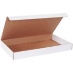 An open MH-USA 23 x 13 x 2 1/2 White Literature Mailer from a bundle of 50 displays its white exterior and brown interior with a hinged lid partially open against a white background, revealing the empty space inside.