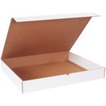 An open, empty pizza box resembles the MH-USA 30 x 24 x 4 White Literature Mailers (25/Bundle), with a white exterior and a brown interior. The partially open lid reveals its simple design and unoccupied space.