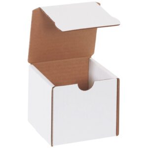 An open MH-USA 4 x 4 x 4 white literature mailer from the 50/bundle set shows its brown interior, with a simple square design and a notched front edge for easy handling.