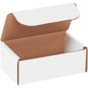 The MH-USA 5 x 3 x 2 Literature Mailers are simple white cardboard boxes with brown interiors, featuring a partially open flap lid ideal for mailing small items. Each bundle contains 50 mailers for versatile shipping needs.