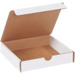 The open, empty white pizza box with a kraft brown interior looks like an MH-USA 6 x 6 x 1 1/4 Literature Mailer from a high angle on a plain background.