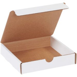 The open, empty white pizza box with a kraft brown interior looks like an MH-USA 6 x 6 x 1 1/4 Literature Mailer from a high angle on a plain background.