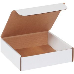 A partially open MH-USA 6 x 6 x 2 White Literature Mailer, featuring a brown interior and empty space inside, is ideal for packaging or shipping small items. Sold in bundles of 50.
