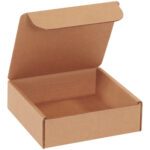 The 6 x 6 x 2 Kraft Literature Mailers (50/Bundle) feature an open brown cardboard box with a flap lid, angled to reveal its smooth, empty interior, set against a plain background.