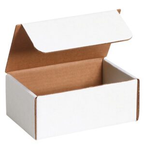 The MH-USA 7 1/8 x 4 1/2 x 3 White Literature Mailer, with hinged lid and corrugated edges, is open on a white background, showcasing its brown interior.