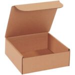 The 7 x 7 x 2 Kraft Literature Mailer is displayed open and empty on a white background, with flaps folded outward to reveal the interior. Sold in bundles of 50, its perfect for versatile packaging needs.