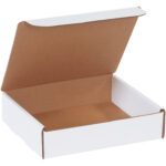 An MH-USA 8 x 7 x 2 White Literature Mailer is open, showcasing its brown interior and slightly raised lid on a plain white background. Efficiently designed, this mailer comes in a set of 50, ensuring ample supply.