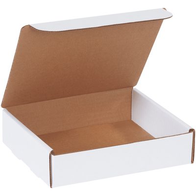 ML872.jpg An MH-USA 8 x 7 x 2 White Literature Mailer is open, showcasing its brown interior and slightly raised lid on a plain white background. Efficiently designed, this mailer comes in a set of 50, ensuring ample supply.