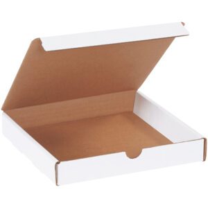 An open, empty white cardboard pizza box with a brown interior is depicted in a side angle view, resembling the MH-USA 8 x 8 x 1 1/4 White Literature Mailers designed for efficient storage and transport.