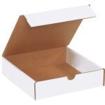 An angled view of an open white cardboard box with a brown interior and partially raised lid reveals an empty inside. It embodies the sleek design of MH-USA 8 x 8 x 2 White Literature Mailers (50/Bundle), perfect for packaging or shipping small items.