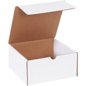 The MH-USA 8 x 8 x 4 White Literature Mailer with a brown interior and an easy-open notch is shown against a white backdrop with a partially closed lid. Ideal for organizing and mailing documents, its available in bundles of 50.