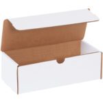 The MH-USA 9 x 4 x 3 white literature mailer, featuring a brown interior and hinged lid, is ideal for shipping or storage.
