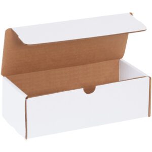 The MH-USA 9 x 4 x 3 white literature mailer, featuring a brown interior and hinged lid, is ideal for shipping or storage.