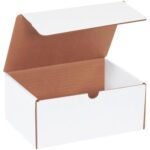 A simple white cardboard box with a brown interior and raised flap lid, devoid of markings or designs, perfectly represents an MH-USA 9 x 6 1/2 x 4 White Literature Mailer from the bundle of 50.