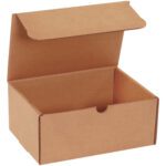 The open 9 x 6 1/2 x 4 Kraft Literature Mailer, with a partially lifted lid and a front semicircular cutout, is part of a bundle of 50 and sits against a plain white background.