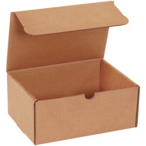 The open 9 x 6 1/2 x 4 Kraft Literature Mailer, with a partially lifted lid and a front semicircular cutout, is part of a bundle of 50 and sits against a plain white background.