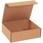 An open brown cardboard box with a hinged lid is displayed against a plain white background. This empty 9 x 7 1/2 x 3 Kraft Literature Mailer (50/Bundle) highlights its rectangular shape and simple design, ideal for streamlined packaging solutions.
