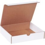 The open, empty white cardboard pizza box, similar to MH-USA 9 x 8 x 2 White Literature Mailers (50/Bundle), shows its brown interior against a crisp white backdrop.