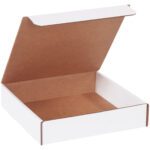 The MH-USA 9 x 9 x 2 white literature mailer shows off its brown interior from a slight angle. Its square shape and partially open lid suggest it is empty, ready to be filled with items from the bundle of fifty mailers.
