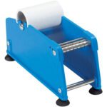 The MH-USA 2 - Mailing Label Dispenser is a blue tape holder for mailing labels, featuring a sturdy metal frame, non-slip rubber feet for stability, and comes with a white roll of tape.