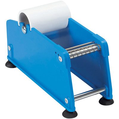 MLD200.jpg The MH-USA 2 - Mailing Label Dispenser is a blue tape holder for mailing labels, featuring a sturdy metal frame, non-slip rubber feet for stability, and comes with a white roll of tape.